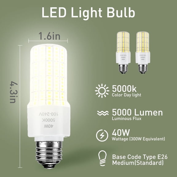 2 Pack 40W Led Light Bulb(300W Equivalent) 5000 Lumens 5000K Daylight White Led Bulbs E26/E27 Medium Base for Indoor Outdoor Street Office Warehouse Workshop Garage Backyard