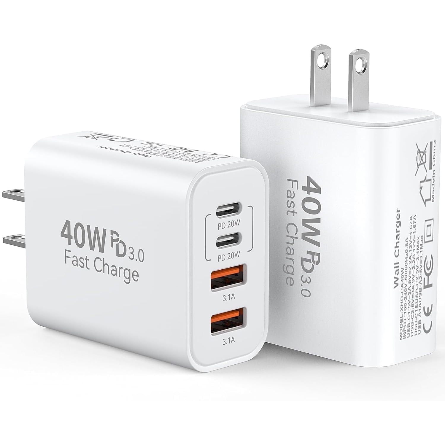 2-Pack 40W USB Fast Charger Block, Multiport Wall Charger fast charging block for iPhone 16/15 Samsung Galaxy S24/S23,iPad,Xiaomi,White