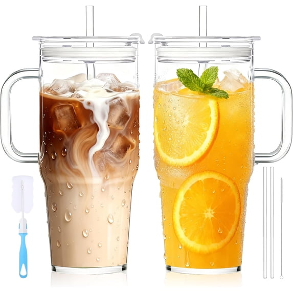 2 Pack 40oz Glass Tumbler with Handle, Reusable Glass Cup with Lid and Straw, Perfect for Iced Coffee, Beer, Smoothies, Juice, Hot & Cold Drinks, Ideal for Birthday and Wedding Gifts