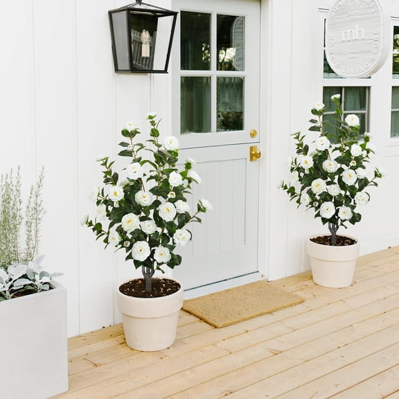 2 Pack 43.3"/3.6FT Artificial Camellia Tree Fake Outdoor Tree with 32 Blooming Flowers White Tree for Home Front Door Winter Christmas Indoor Decor (Including Dried Moss)