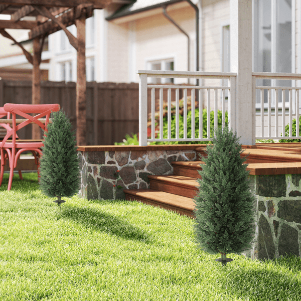 2-Pack 43.3" Artificial Cypress Trees - 1047 PE Leaves Each UV-Resistant Plastic-Aluminum Ground Stakes Indoor/Outdoor Use for Pots/Gardens