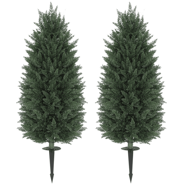 2-Pack 43.3" Artificial Cypress Trees - 1047 PE Leaves Each, UV-Resistant, Plastic-Aluminum Ground Stakes, Indoor/Outdoor Use for Pots/Gardens