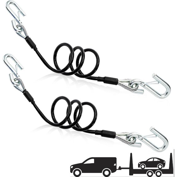 2 Pack 44-1/2 Inch Trailer Safety Cables Vinyl Coated Coiled Towing Chain 7/16 Inch Snap Hooks Boat 5000 Lbs Break Strength