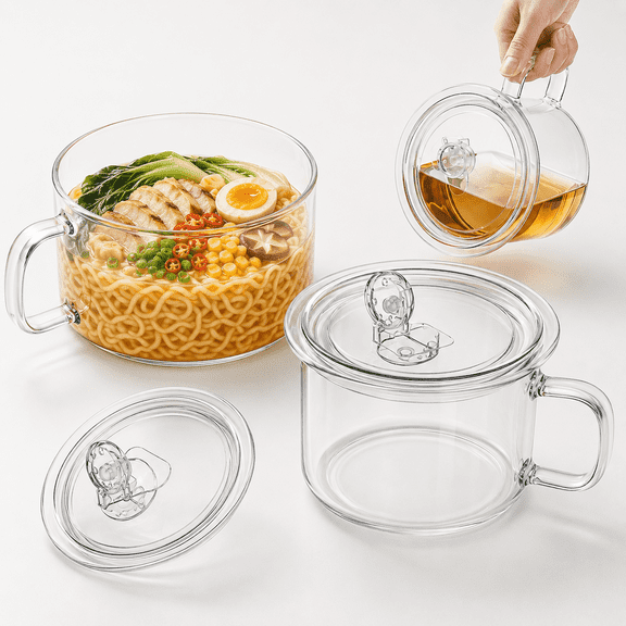 2 Pack 45 oz Glass Ramen Bowls with Lids and Handles, Microwave Safe Leak-Proof Soup Mugs, Large Glass Soup Bowls for Noodles, Cereal, Oatmeal