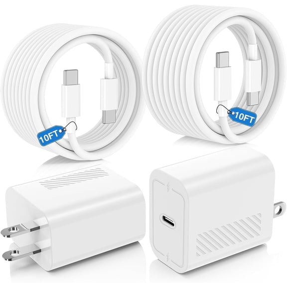 2-Pack 45W PD 3.0 USB C Fast Charger with 10FT Type C Cable, Super Fast Charging Block Compatible for iPhone 17/16/15 Pro Max, iPad Pro, MacBook Air M1/M2, AirPods