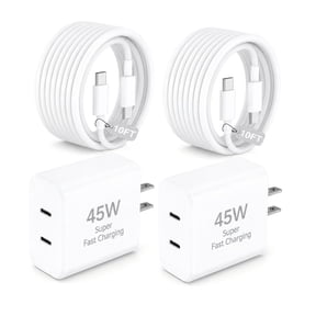 2 Pack 45W Dual USB C Wall Charger with 10FT USB C to USB C Cable, Fast Charging Block for iPhone 18 17 16 15, Samsung Galaxy S25 S24 S23, iPad