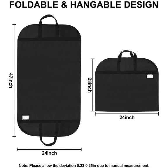 2 Pack 47" Garment Bags for Travel and Hanging Clothes Storage, Suit Covers with Handles Breathable Foldover Suit Bags for Traveling Clothes Protector for Gowns Dresses Sweaters, Black