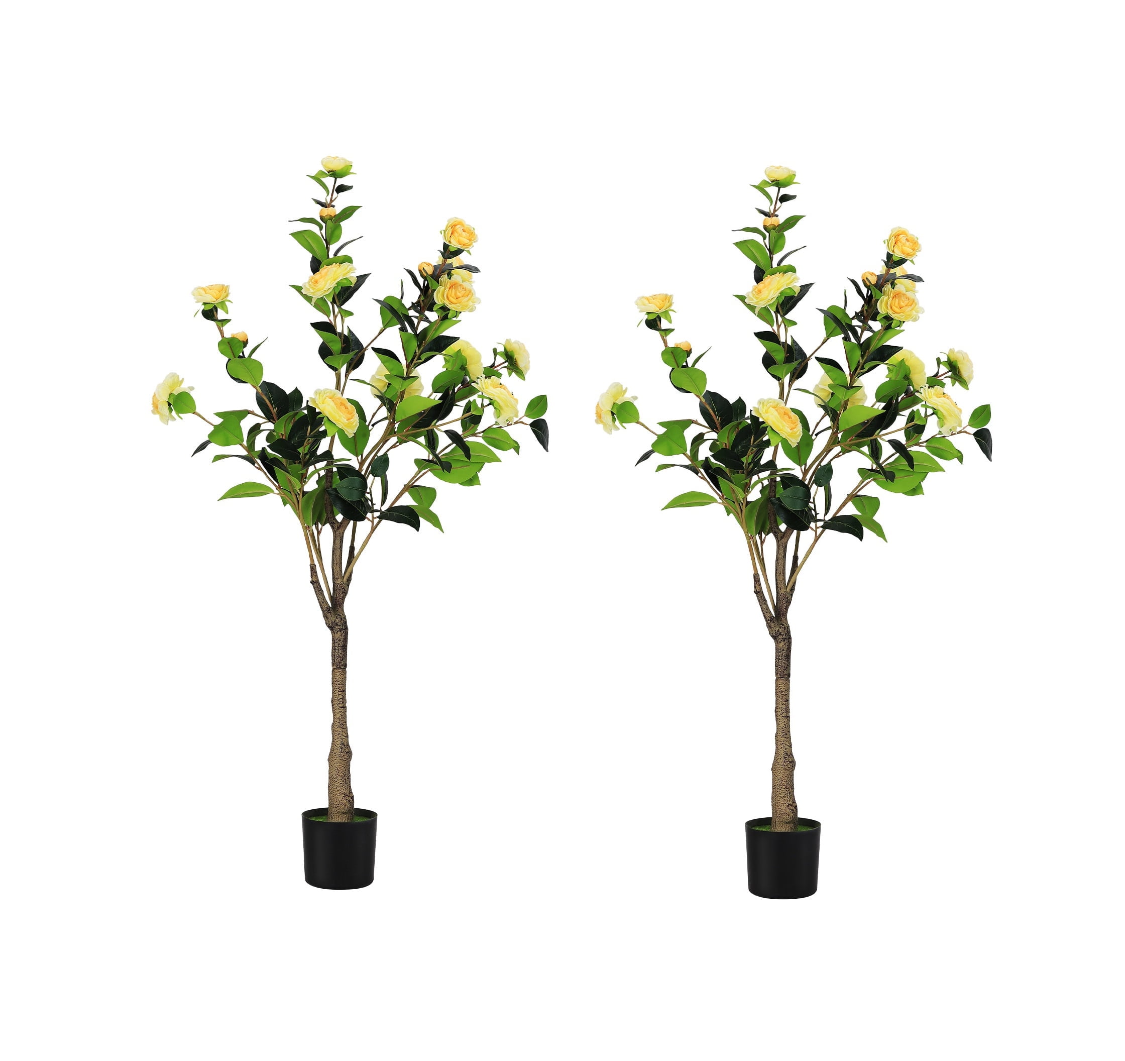 2-Pack 47 Inch Artificial Camellia Tree with Yellow  Flowers - 4 FT Faux Blooming Plant for Indoor Outdoor Home, Office & Front Door
