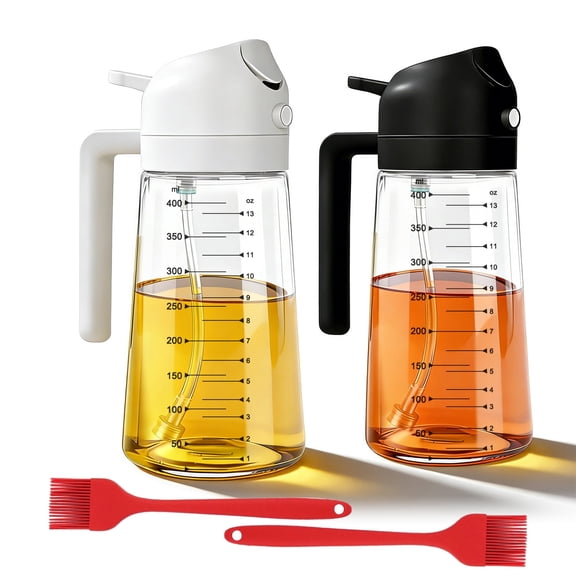 2 Pack 470ml Oil Sprayer Bottle with Visible Scale Mark, 2 Basting Brush, Portable Oil Vinegar Dispenser with Clear Measurement Scale, Black & White