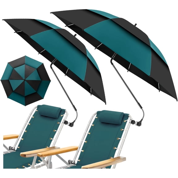 2 Pack 48.6" Double Canopy Beach Umbrella with Clamp, UPF50+ Beach Chair Umbrella with clip, 360°Adjustable Portable Outdoor(Hunter Green/Black, Not Include Chair)