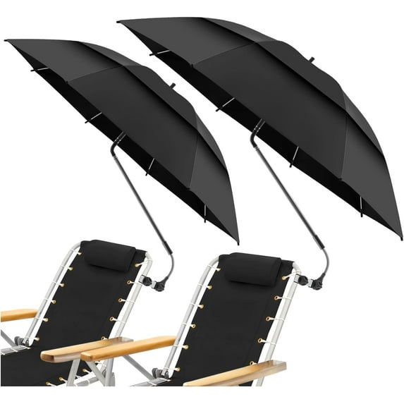 2 Pack 48.6" Double Canopy Umbrella with Clamp, UPF50+ Beach Chair Umbrella with Clip, 360°Adjustable Portable Outdoor Wheelchair, Patio, Golf Carts,Camping(Black)