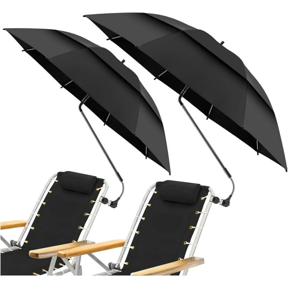 2 Pack 48.6" Double Canopy Umbrella with Clamp, UPF50+ Beach Chair Umbrella with Clip, 360°Adjustable Portable Outdoor Wheelchair, Patio, Golf Carts,Camping(Black)