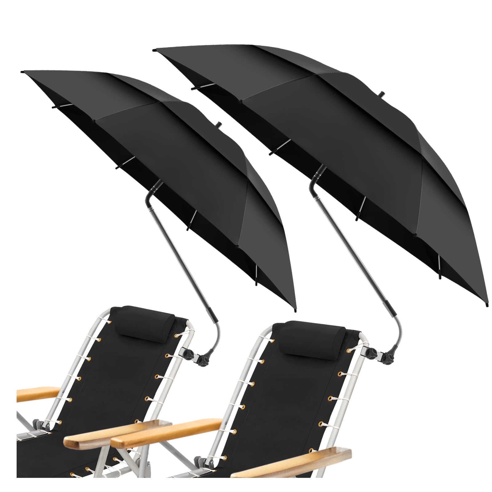 2 Pack 48.6" Double Canopy Umbrella with Clamp, UPF50+ Beach Chair Umbrella with clip, 360°Adjustable Portable Outdoor Wheelchair, Patio, Golf Carts,Camping(Black, Not Include Chair)