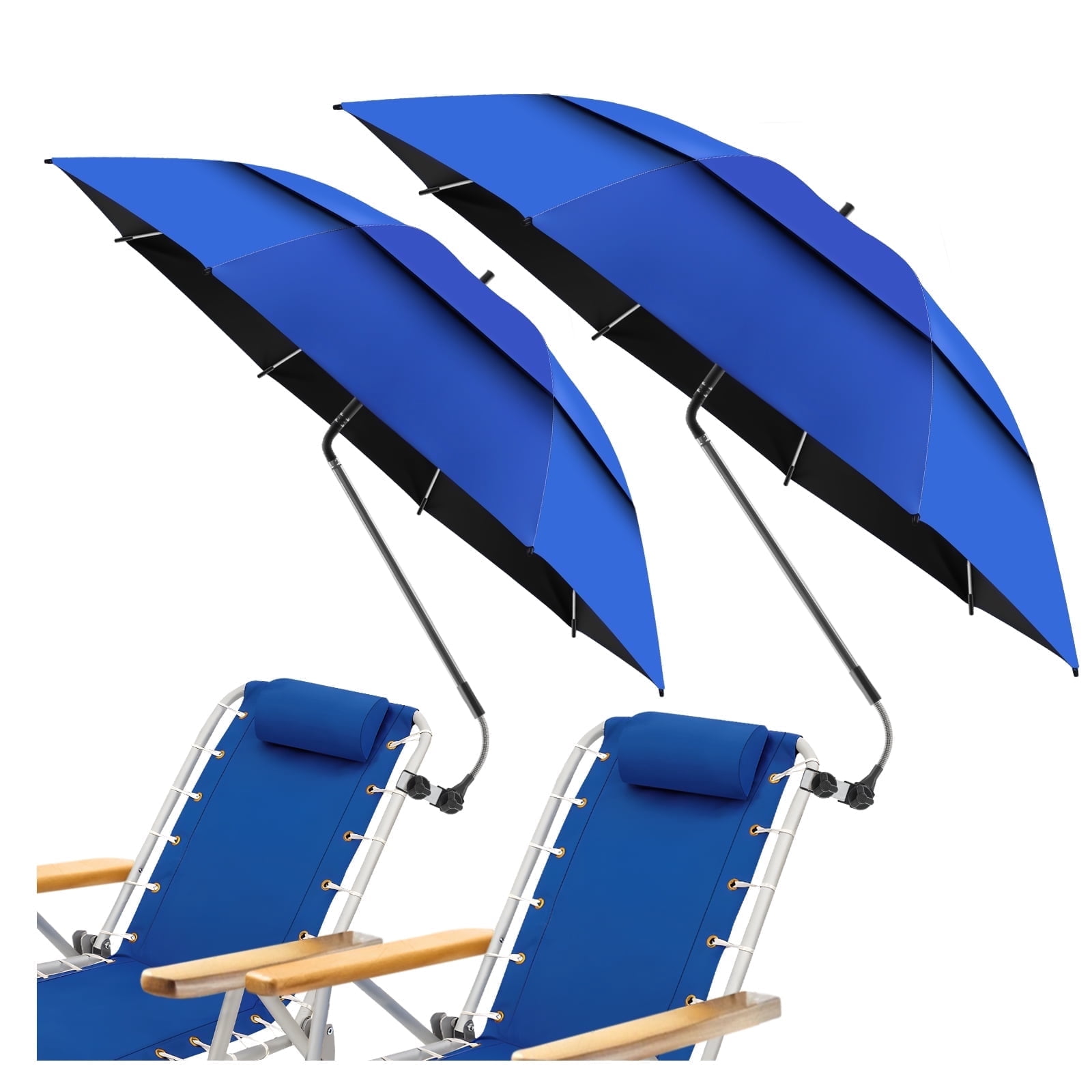 2 Pack 48.6" Double Canopy Umbrella with Clamp, UPF50+ Beach Chair Umbrella with clip, 360°Adjustable Portable Outdoor Wheelchair, Patio, Golf Carts,Camping(Blue, Not Include Chair)