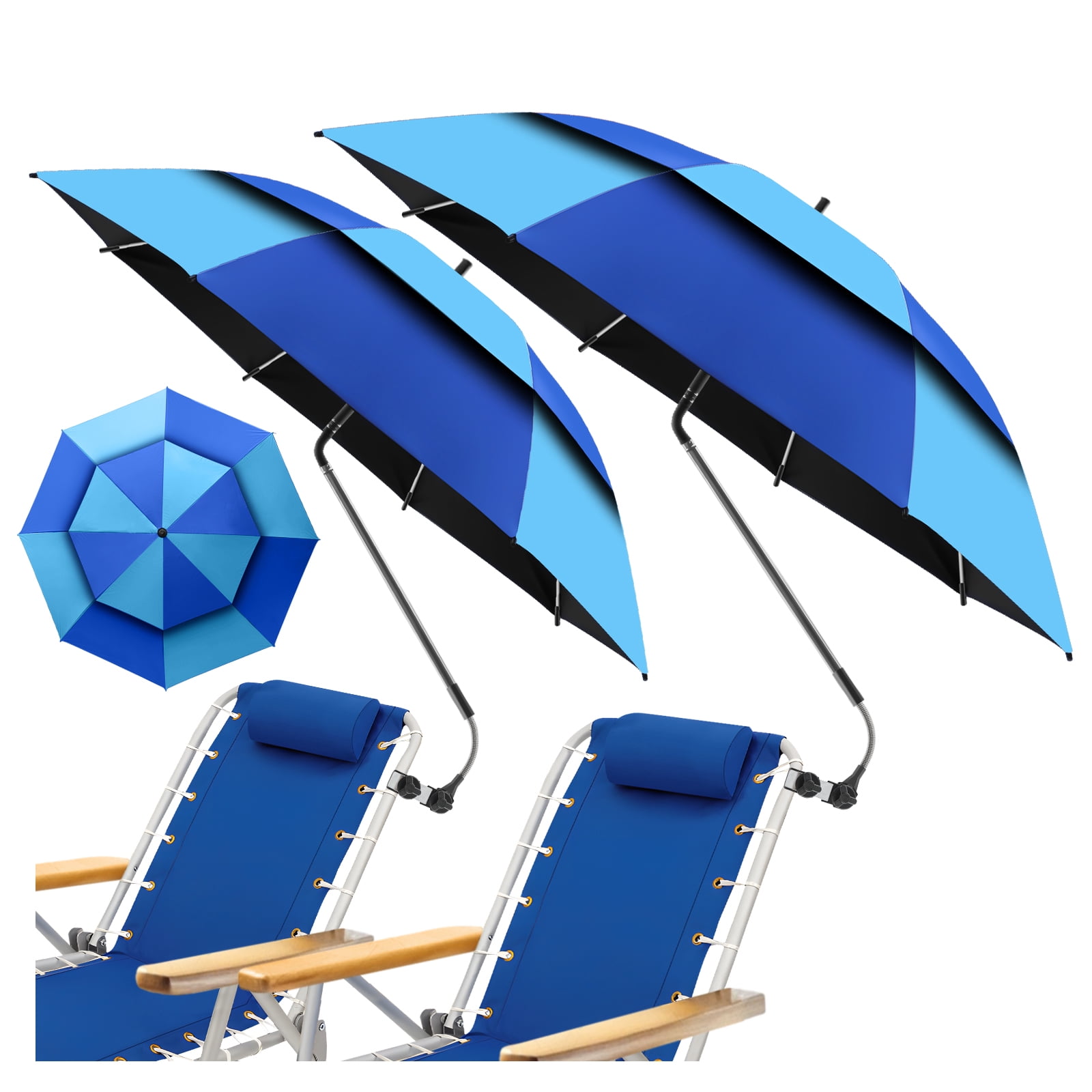 2 Pack 48.6" Double Canopy Umbrella with Clamp, UPF50+ Beach Chair Umbrella with clip, 360°Adjustable Portable Outdoor Wheelchair, Patio, Golf Carts,Camping(Blue / Light Blue, Not Include Chair)