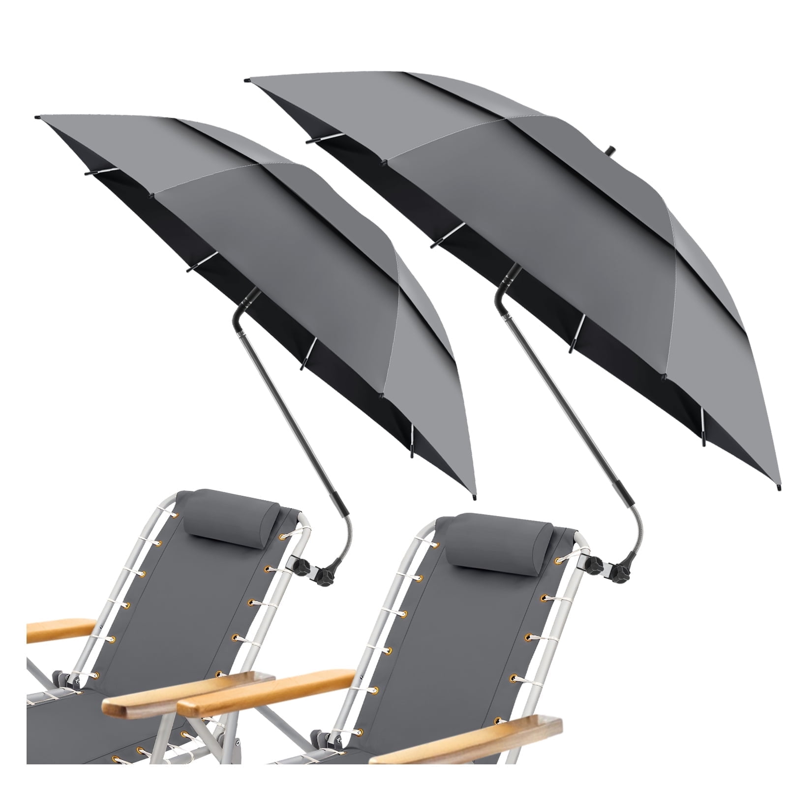 2 Pack 48.6" Double Canopy Umbrella with Clamp, UPF50+ Beach Chair Umbrella with clip, 360°Adjustable Portable Outdoor Wheelchair, Patio, Golf Carts,Camping(Grey, Not Include Chair)