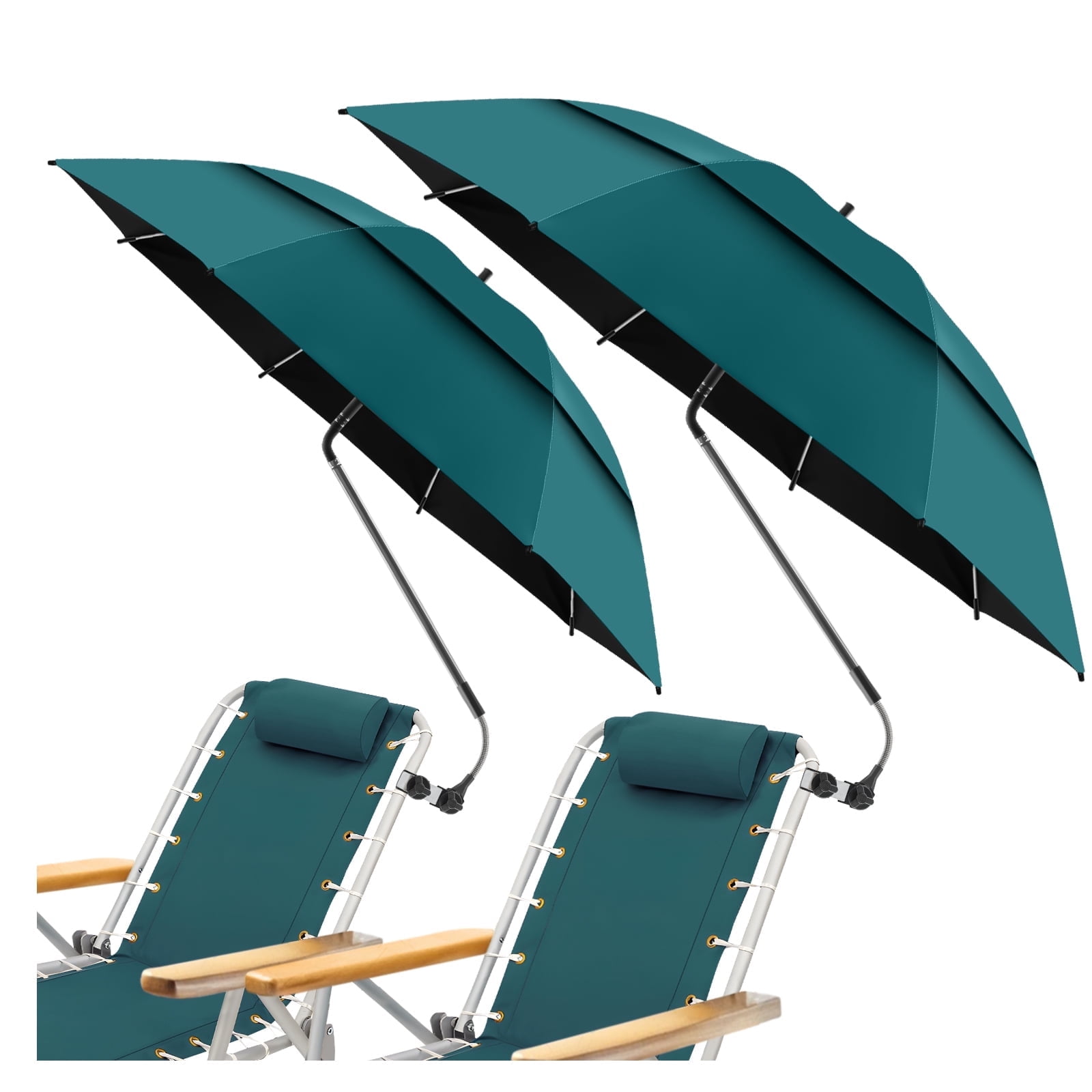 2 Pack 48.6" Double Canopy Umbrella with Clamp, UPF50+ Beach Chair Umbrella with clip, 360°Adjustable Portable Outdoor Wheelchair, Patio, Golf Carts,Camping(Hunter Green, Not Include Chair)