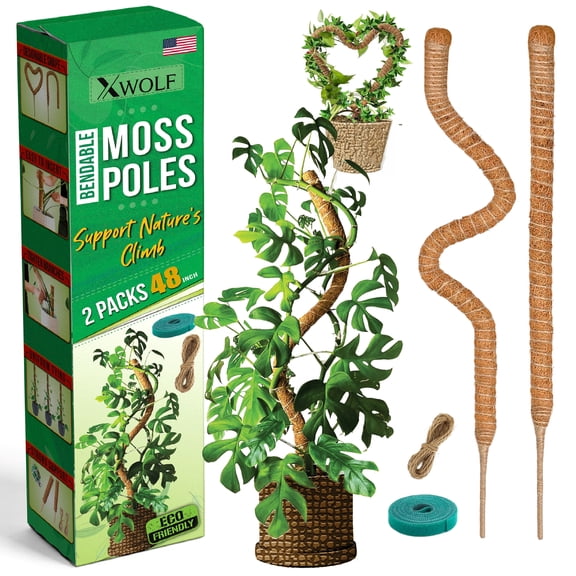 2 Pack 48" Bendable Moss Pole Monstera Plant Support for Climbing Indoor Plants, Coir Plant Pole Sticks & Plant Stakes for Pothos, Philodendron & Potted Climbers, Includes Stem Ties
