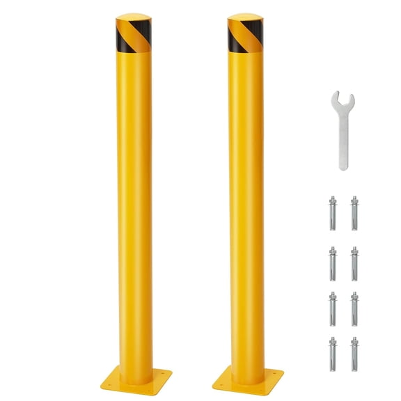 2 Pack 48 In Heavy Duty Steel Safety Bollards 4.5In Diameter Yellow Parking Posts with Anchor Bolts Traffic Barrier Wrench Included