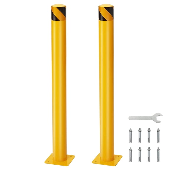 2 Pack 48 In Steel Safety Bollards 4.5 In Diameter Yellow Parking Posts with Anchor Bolts and Wrench