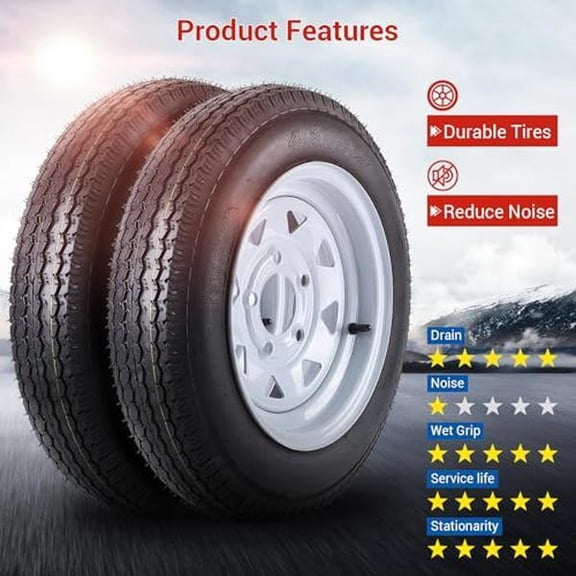 2-Pack 480-12 Trailer Tires with 12'' Rims, White 5 Lug On 4.5'', 6PR Load Range C Heavy-Duty Tires for Utility, Boat, Camper Trailers 