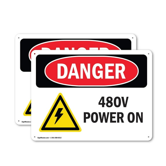 (2 Pack) 480V Power On OSHA Danger Sign 18 Inch X 12 Inch Indoor / Outdoor Rust-Free Aluminum Metal Signs for Workplace, Workshop, and Construction Site, Made in the USA