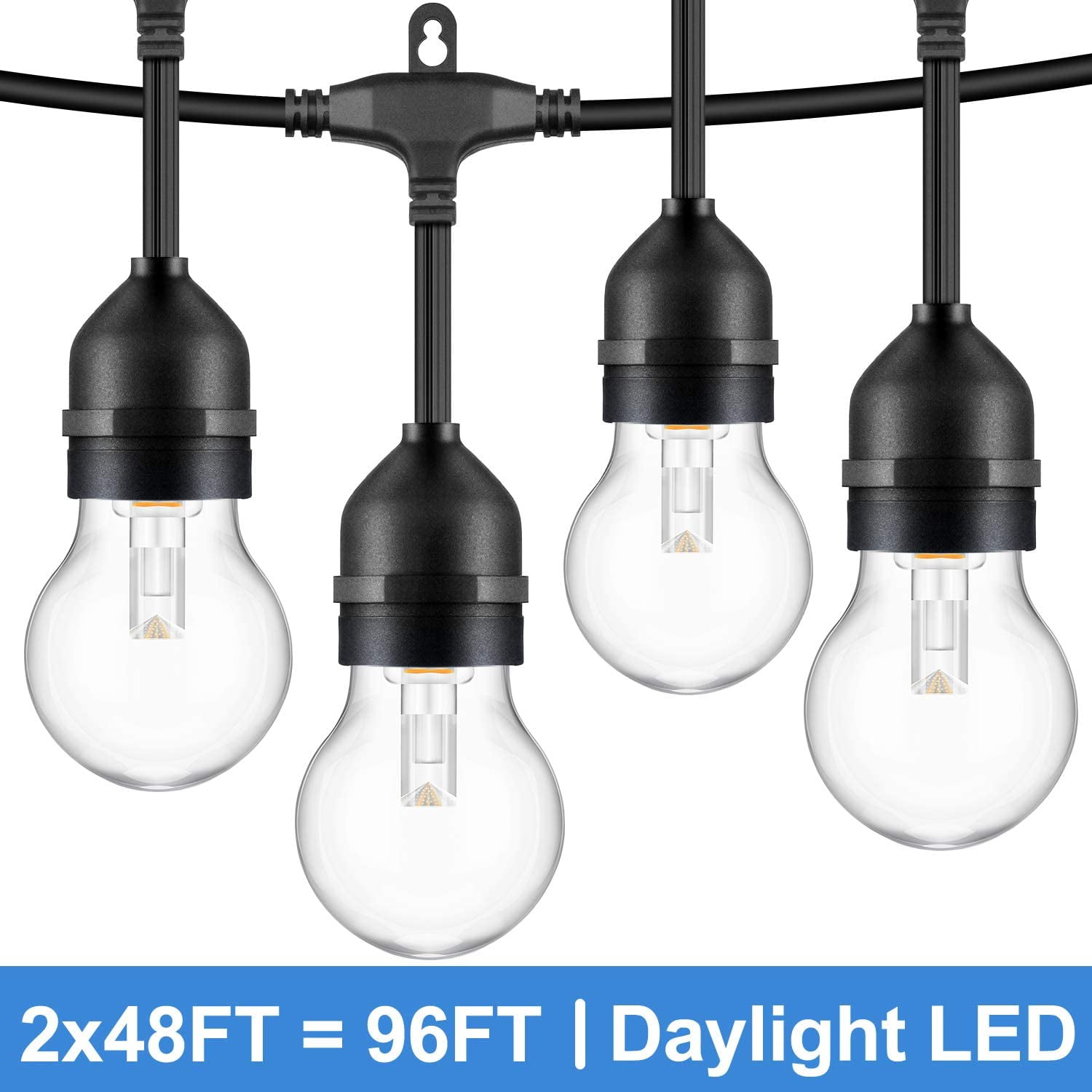 2-Pack 48FT Dimmable LED Outdoor String Lights for Patio, Daylight White Edison String Light, Commercial Grade Waterproof Shatterproof Lights String for Cafe Bistro Pergola Backyard Garden (96FT)