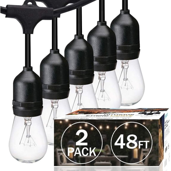2 Pack 48FT ,Hanging Incandescent String Lights Commercial Grade Waterproof Patio Light Outside with Dimmable Connectable Edison Glass Bulbs for Bistro,Party,Holiday Decor