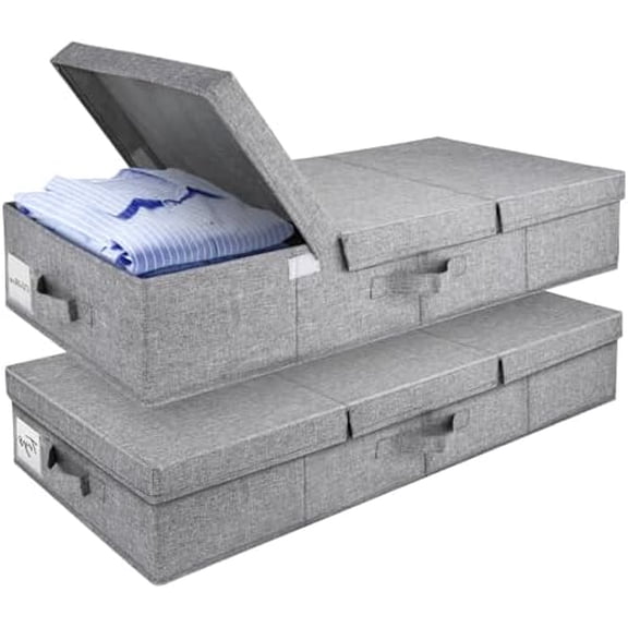 2 Pack 48L Under Bed Storage Containers, 6 Inches Tall Foldable Underbed Clothes Storage with Lids&3 Handles, 31.5 x 15.7 x 6 inches Low Profile Stackable Bins Box for Bedroom Blankets Clothes Shoes