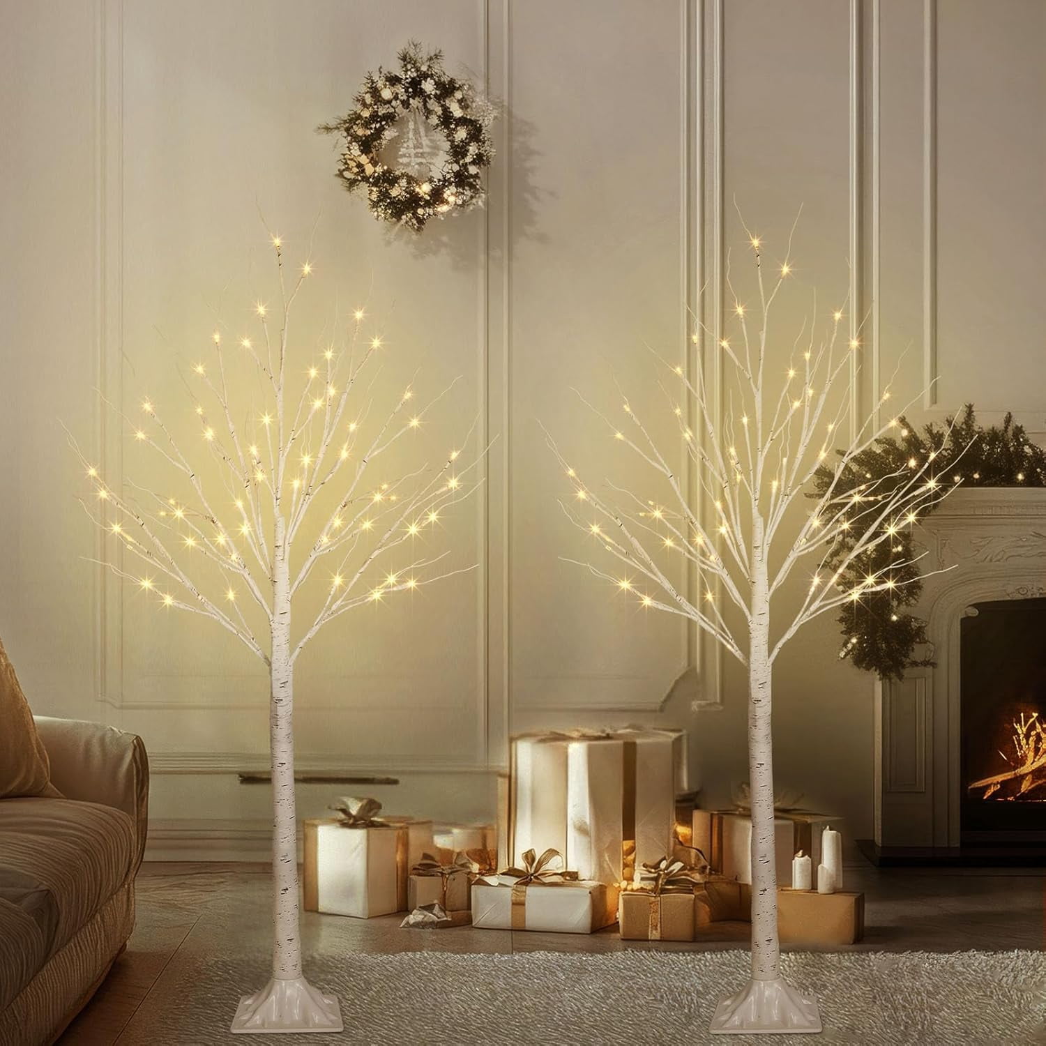 2 Pack 4FT 100LED Christmas Lighted Birch Tree, Timer Function Prelit ...