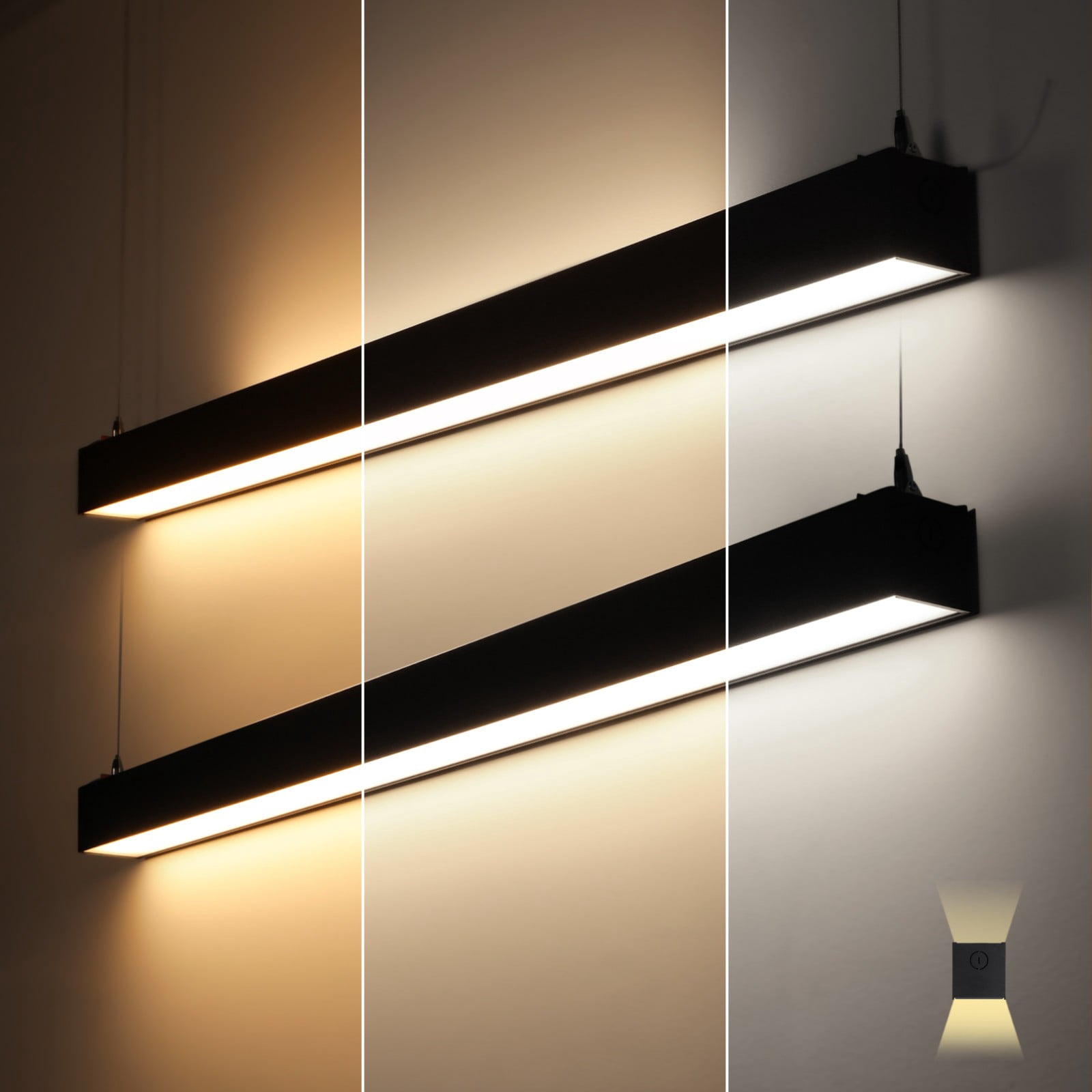 2 Pack 4FT 3CCT Linkable LED Linear Light Fixture, 60W Down and 25W Up Light Ultra Bright Suspended Shop Light for 18ft High Bay, AC 100-277V, 3000K/4000K/5000K Selectable, Black