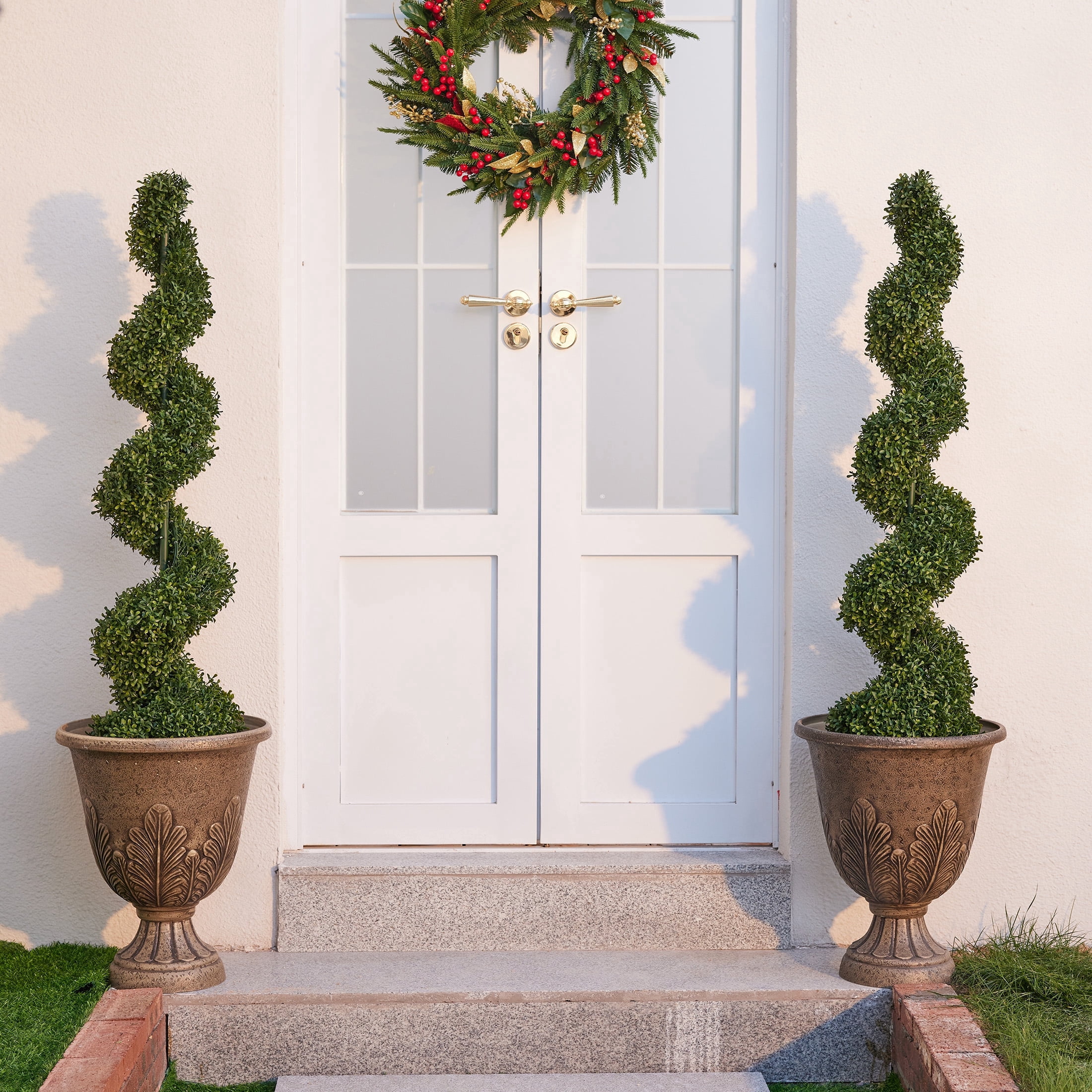DR.Planzen 2 Pack 4FT Artificial Boxwood Spiral Topiary Tree – 900 Leaves Faux Boxwood Plant, UV Resistant Outdoor Fake Plant – Realistic Front Door Entryway Porch Decor Tree for Outdoor Garden Patio