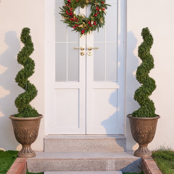 2 Pack 4FT Artificial Boxwood Spiral Topiary Tree – 900 Leaves Faux Boxwood Plant, UV Resistant Outdoor Fake Plant – Realistic Front Door Entryway Porch Decor Potted Tree for Outdoor Garden Patio