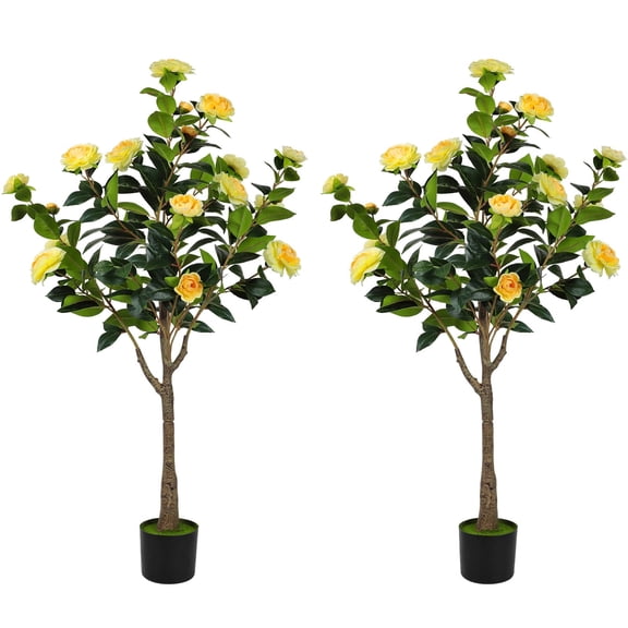 2 Pack 4FT Artificial Camellia Flowers Tree, Yellow Fake Camellia Plant Potted with Faux Greenery Leaves, Realistic Blooming Faux Floral Tree for Indoor Outdoor Home Decor, Yard Patio Office Porch