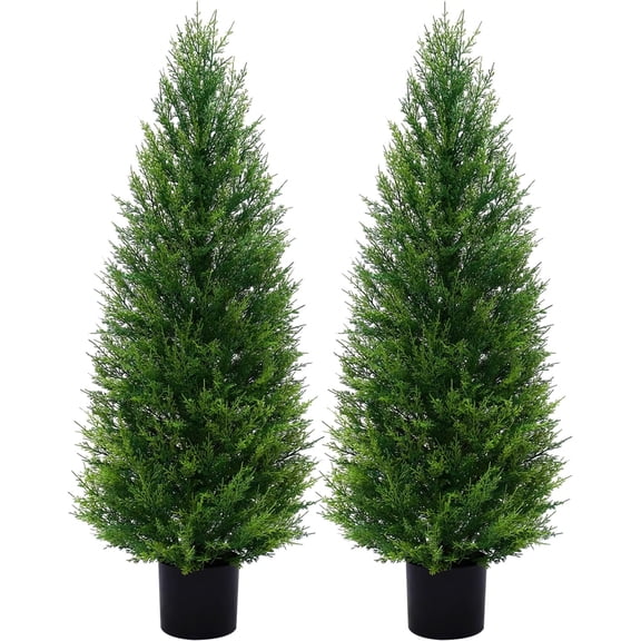 2 Pack 4FT Artificial Cedar Topiary Trees with Full Realistic Leaves, Faux Plants for Home Front Door Porch Patio Garden
