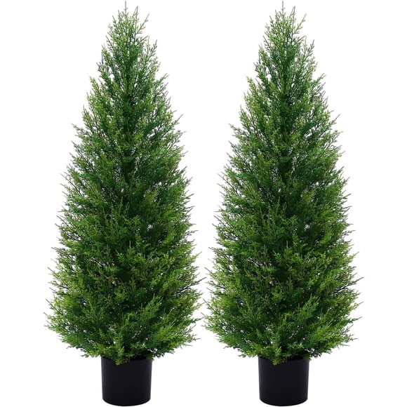 2 Pack 4FT Artificial Cedar Topiary Trees with Full Realistic Leaves, Faux Plants for Home Front Door Porch Patio Garden