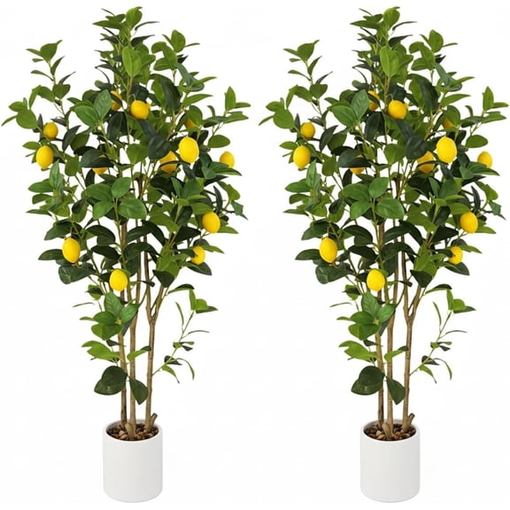 2-Pack 4FT Artificial Lemon Plant That Look Real, Faux Lemons Citrus Plants with Yellow Fake Lemons Fruits in White Pot, Indoor Artificial Plants for Home Office Kitchen Decor Party Wedding Christmas