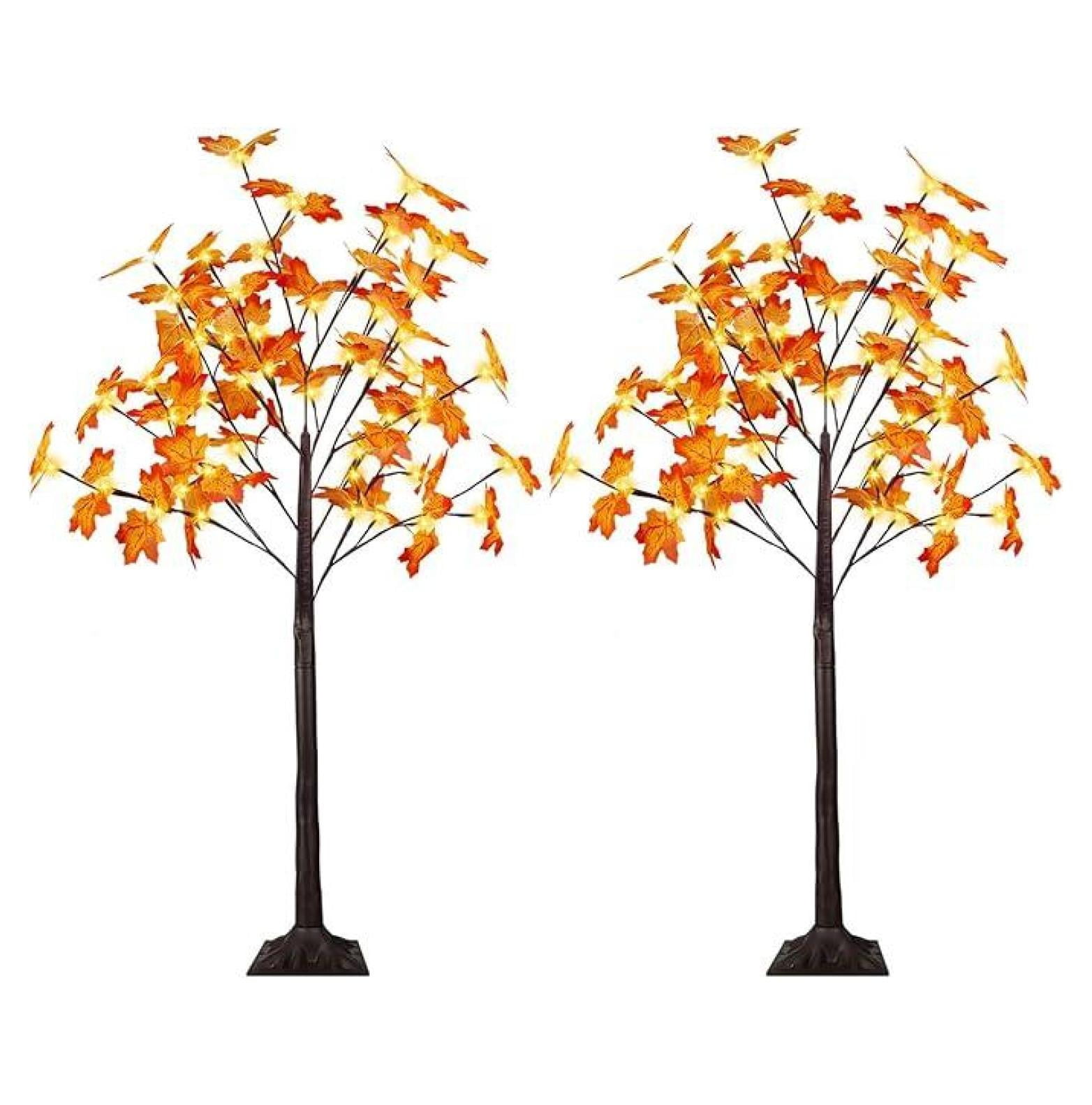 2 Pack 24" Artificial Lighted Maple Trees – Battery Operated Fall Decor With 48 LEDs & Timer – Thanksgiving Table Centerpiece