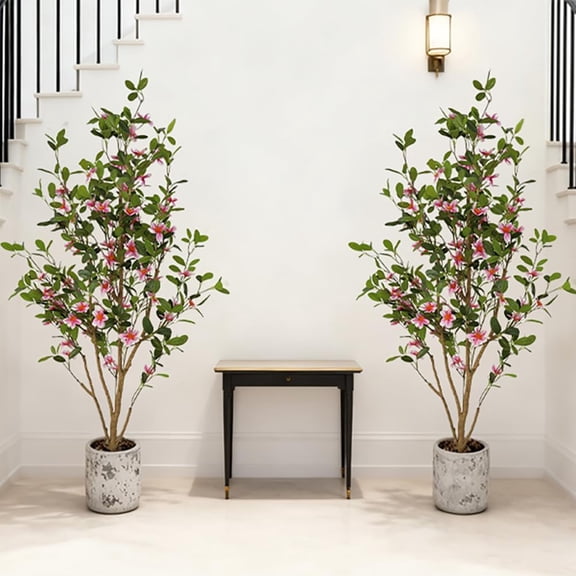 2-Pack 4FT Artificial Tree in Pot, Artificial Flowers for Outdoors Indoors, Wedding Decor Large Fake Pink Flowers Myrtle, Faux Plant Decor for Porch Patio Living Room Home Party Wedding Christmas