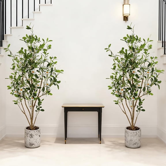 2-Pack 4FT Artificial Tree in Pot, Artificial Flowers for Outdoors Indoors, Wedding Decor Large Fake White Flowers Myrtle, Faux Plant Decor for Porch Patio Living Room Home Party Wedding Christmas