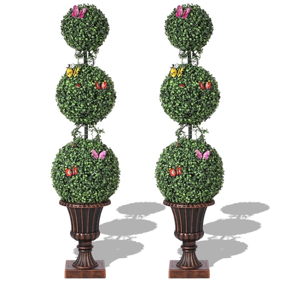 2 Pack 4FT Artificial Triple Ball Topiary Trees, Artificial Plants Outdoor with Vines & Insects Decoration, Topiary Balls Trees for Home Offices Porch Decor
