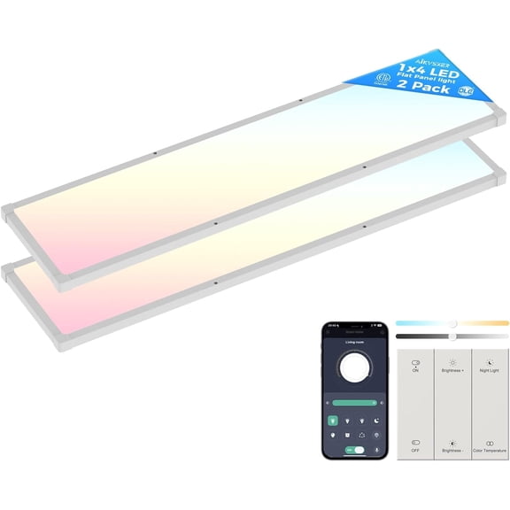 2 Pack 4FT LED Flat Panel Light Surface Mount, Wireless Switch App Control, 50W 5500LM, 3 Color Dimmable Ultra-Thin Ceiling Light for Office Home