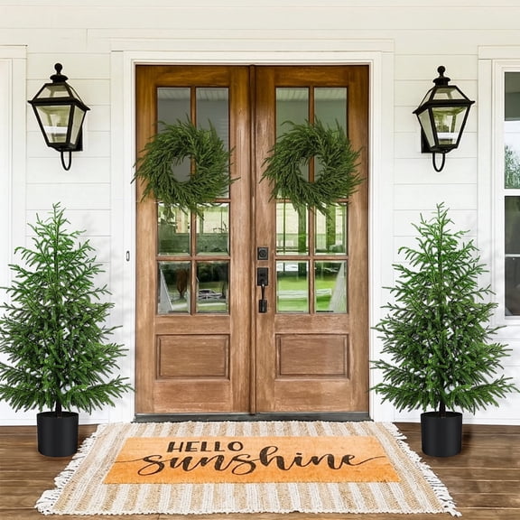 2 Pack 4FT Spring Artificial Norfolk Pine Realistic Potted Topiary Tree Pre-Lit Assembled Faux All Season Home Balcony Porch Décor