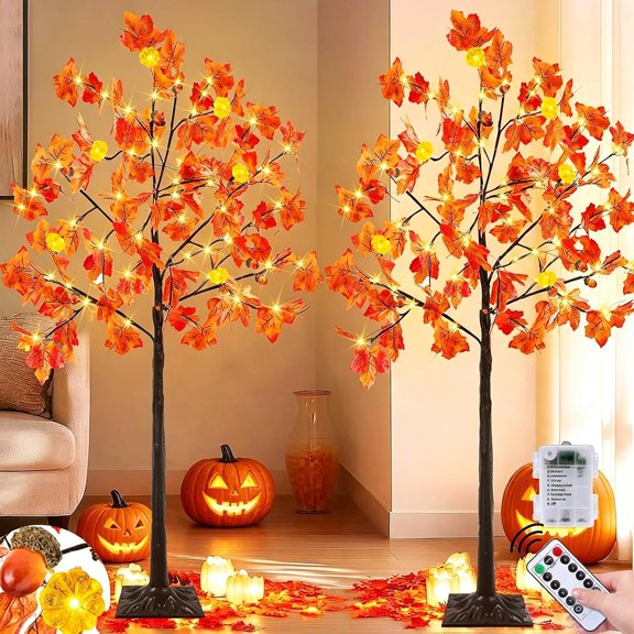 2 Pack 4Ft Prelit Lighted Fall Maple Tree 96 LED with Pumpkin Lights Acorns