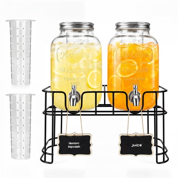 2-Pack 4L Mason Jar Glass Beverage Dispenser with Metal Stand Leakproof Dual Drink Server for Parties, Weddings & Daily Use Lemonade, Iced Tea, Cold Juice