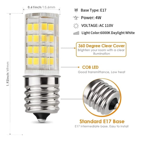 2 Pack 4W Dimmable LED E17 Microwave Oven Bulb , Daylight 6000K 40W Equivalent Light ,Ceramic E17 LED Bulb