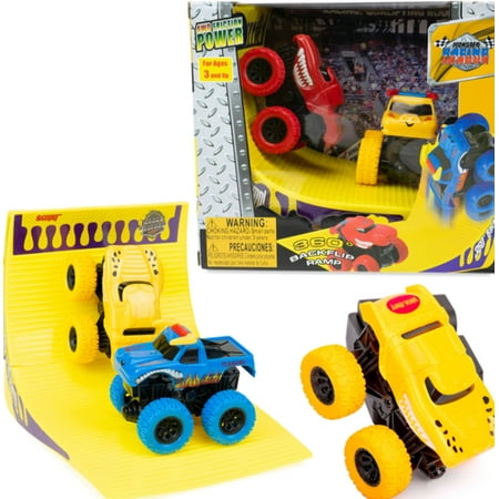 2 Pack 4WD Friction Powered Monster Trucks Push and Go Off Road 360 Backflip Ramp Stunt Cars for Boys Girls