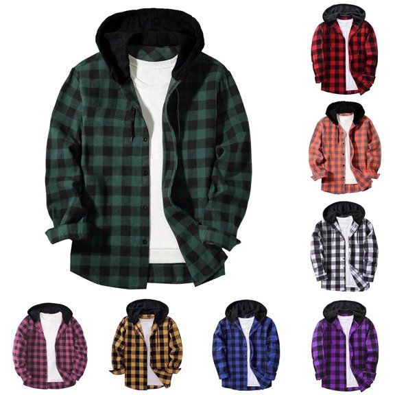 2 Pack 4X-5X Plus Size Shirts for Men with Hoodie Big & Tall Button-Down Hoodies Mens Casual Long Sleeve Plaid Printed Work Outerwear Shackets Jackets