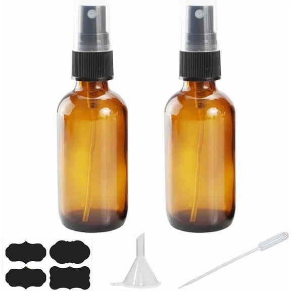 2-Pack 4oz Amber Glass Spray Bottles for Essential Oils, Small Empty Fine Mist Sprayer Set with Funnel & Dropper, Travel Size Liquid Refillable Containers for Plants Hair Cleaning, 4 oz