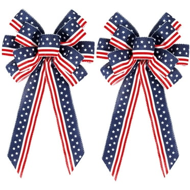 2 Pack 4th of July Decor Bow for Wreath,Red White Blue Stripe Stars Tree Topper Bows for Patriotic,Independence Day,Memorial Day,Veteran's Day,Front Door Indoor Outdoor Decorations